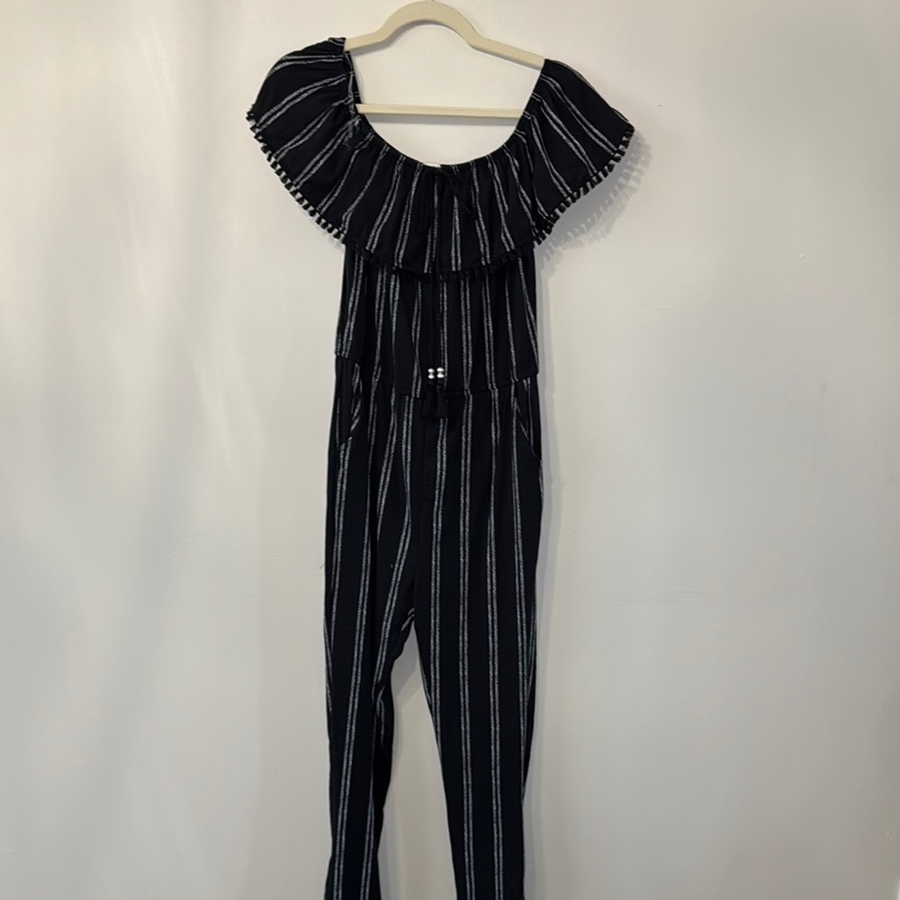 Planet Gold Black and White Striped Off-Shoulder Jumpsuit